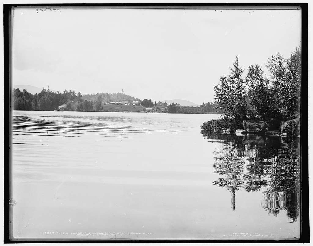 Historic 1902 photograph of Rustic Lodge and Indian Carry at Upper Saranac Lake