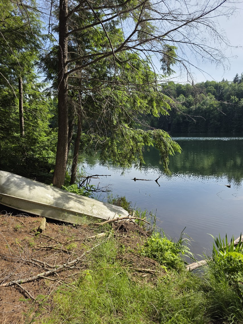 Aluminum rowboat beside Little Duck Pond