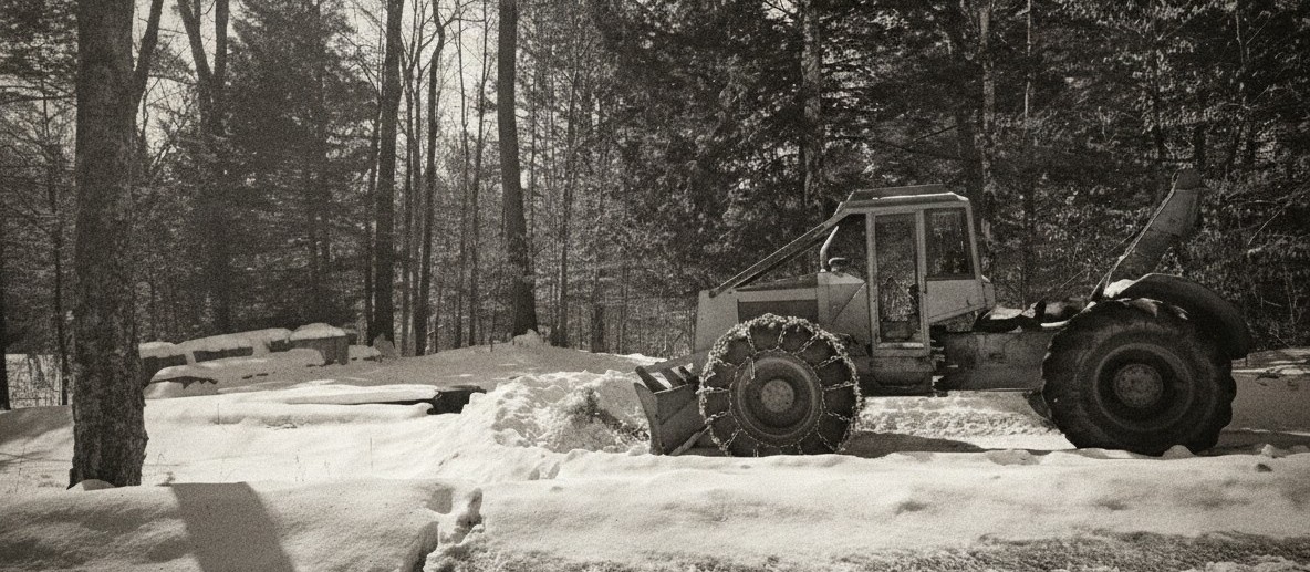 Vintage log skidder in snow