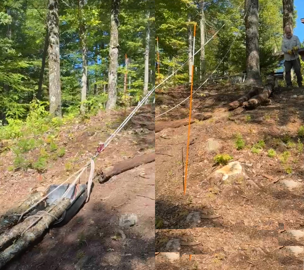 Plastic cement tub used as a log sled