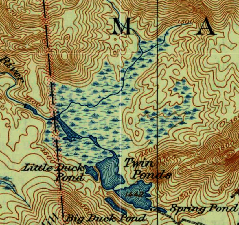 Historical topographic map showing Twin Ponds, Spring Pond, Little Duck Pond, and the fen before the modern flooding
