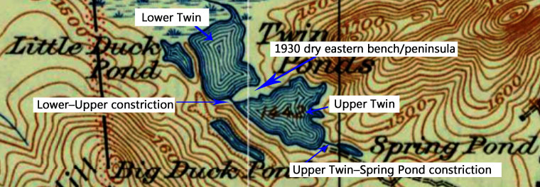 1930 topographic map detail showing the Lower–Upper and Upper Twin–Spring Pond constrictions