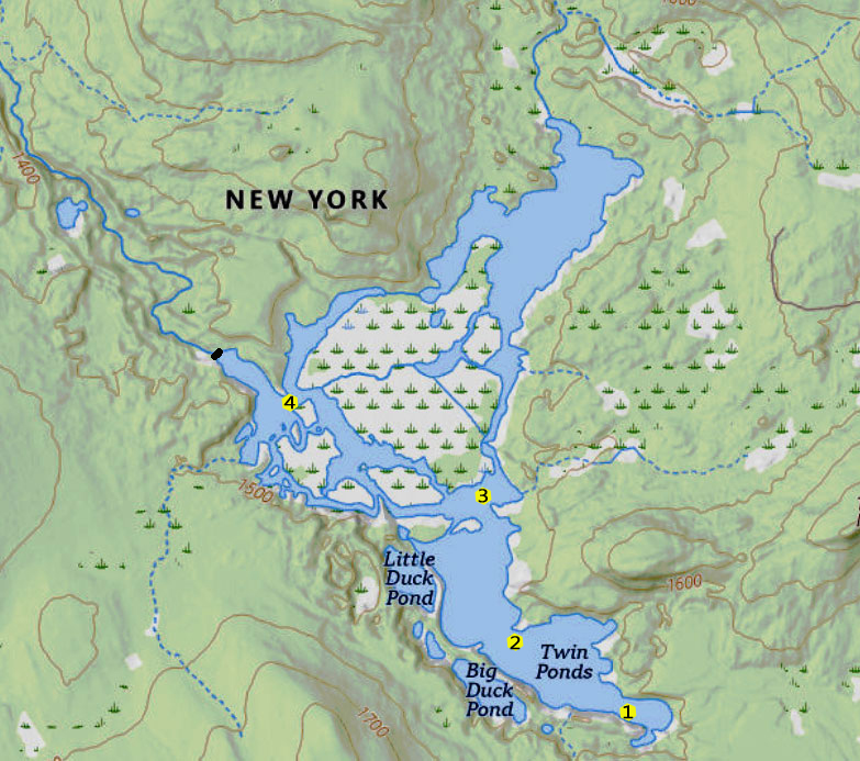 Modern map of the flooded Twin Ponds system marked with four numbered trap-net survey sectors